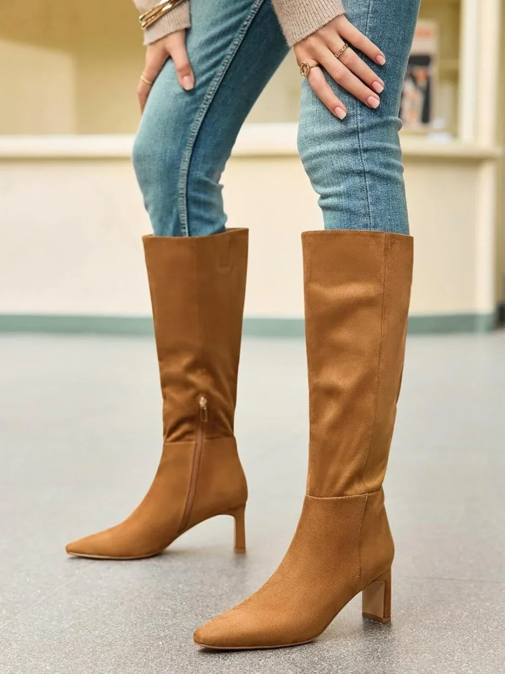 Women's Brown Chunky Heel Pointed Toe Faux Suede Side Zipper Knee High Boots